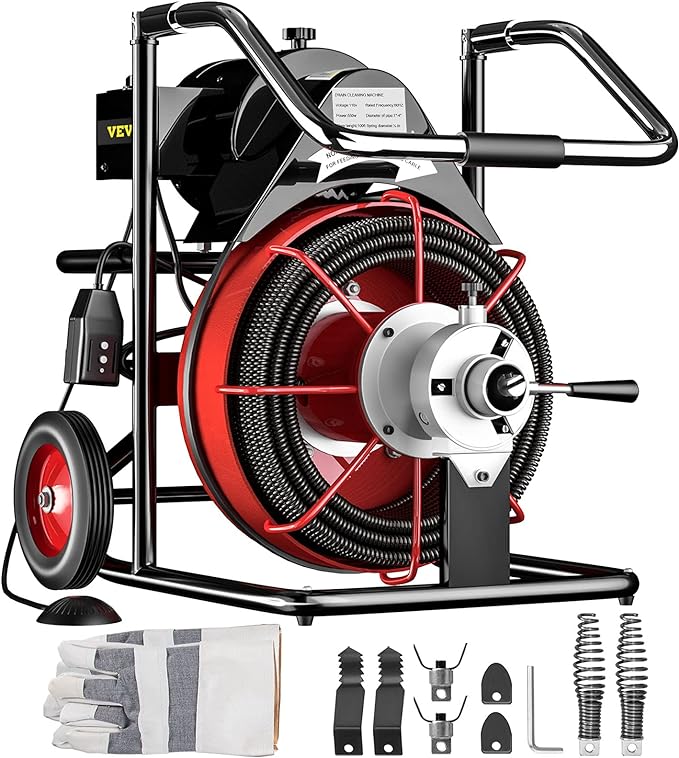 Sewer Snake Auger Cleaner with 4 Cutters & Air-Activated Foot Switch for 1" to 4" Pipes, Black, Red