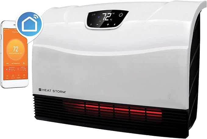 Wi-Fi-enabled wall-mounted heater with touch screen and remote control.






