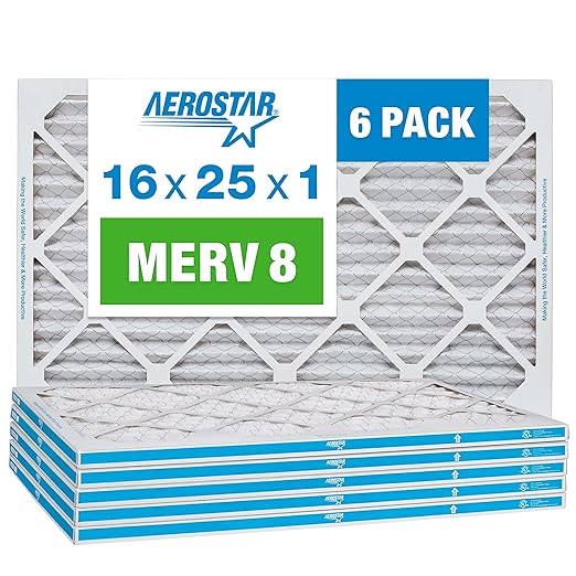 Aerostar 16x25x1 MERV 8 Pleated Air Filter, AC Furnace Air Filter, 6 Pack