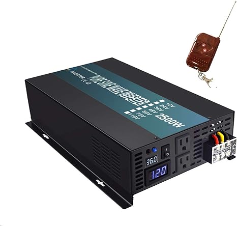 Reliable 2500W power inverter with LED displays and dual outlets.







