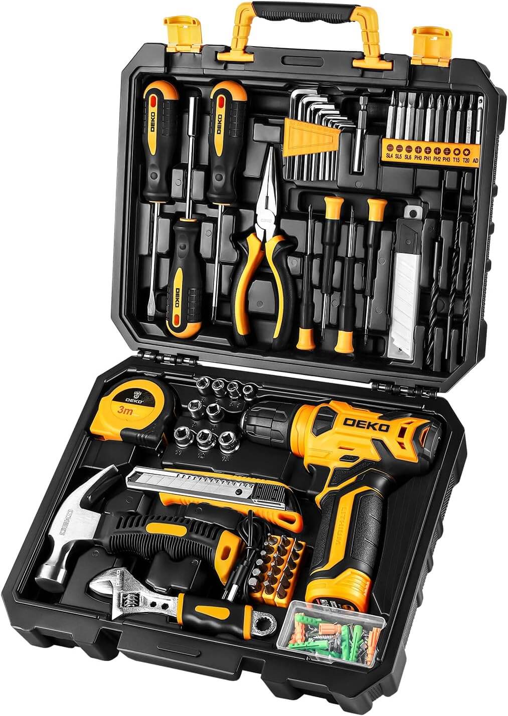 DEKOPRO 126 Piece Power Tool Combo Kits with 8V Cordless Drill, 10MM 3/8'' Keyless Chuck, Professional Household Home DIY Hand Tool Kits for Garden...
