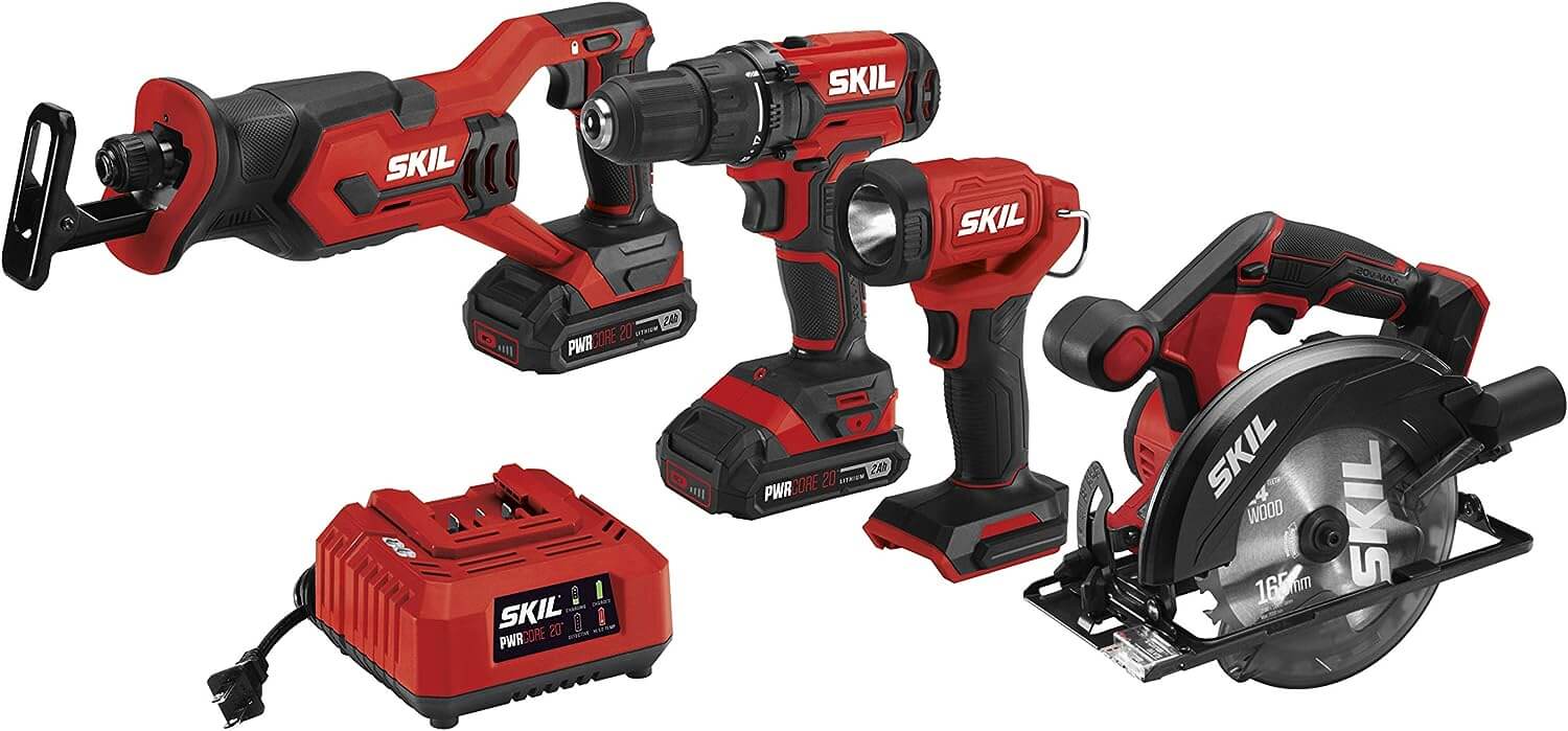 SKIL 20V 4-Tool Combo Kit: 20V Cordless Drill Driver Reciprocating Saw, Circular Saw and Spotlight, Includes Two 2.0Ah PWR CORE Lithium Batteries and One...
